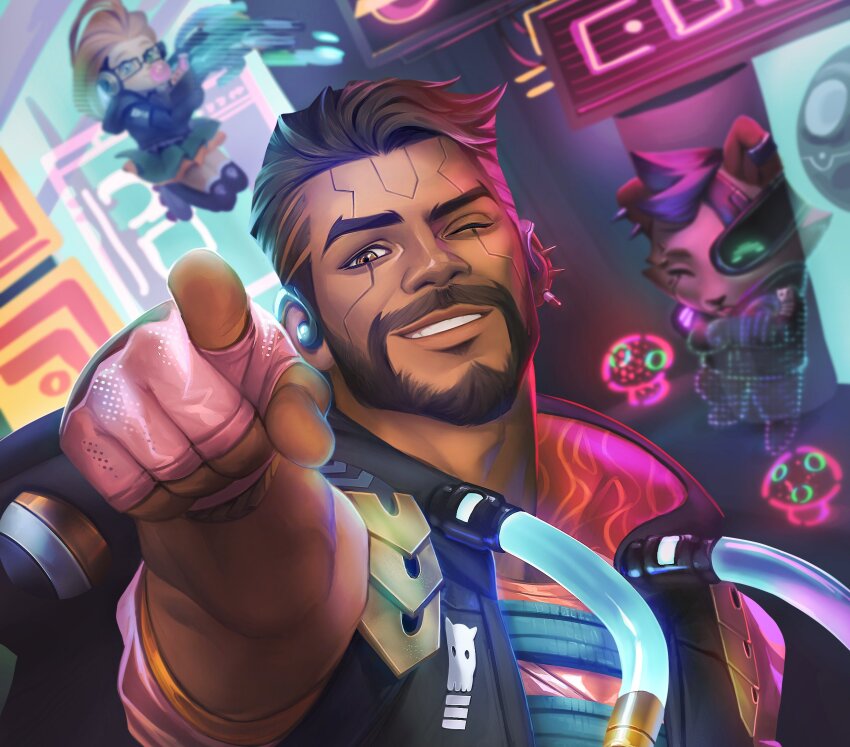 1girl, 2boys, akshan_(league_of_legends), beard, black_hair, black_vest, brown_eyes, cyber_pop_akshan