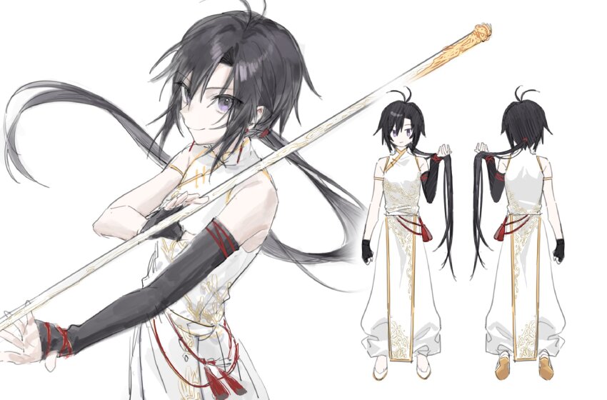 1girl, alternate_hair_length, alternate_hairstyle, antenna_hair, asymmetrical_gloves, bare_shoulders, black_gloves, black_hair