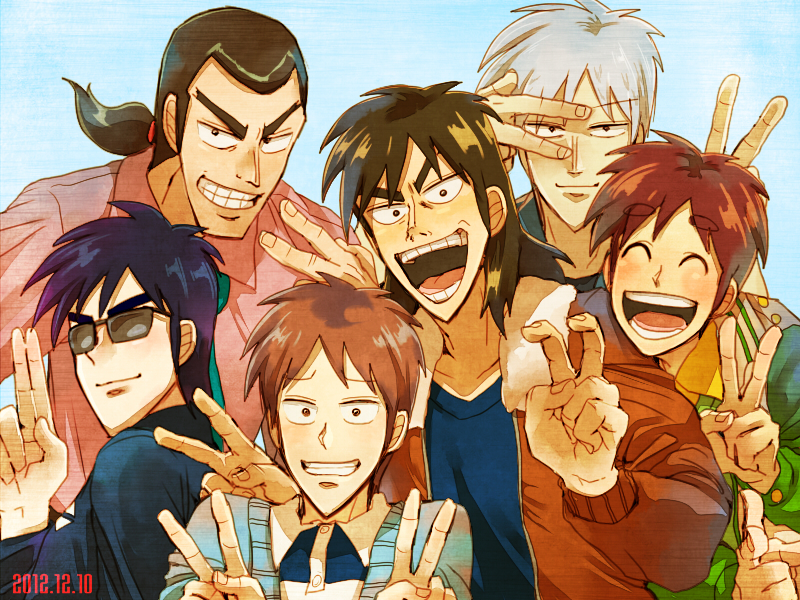 6+boys, akagi_shigeru, black_hair, blue_background, blue_shirt, bomber_jacket, brown_hair, brown_jacket