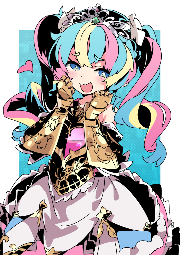 1girl, :d, blonde_hair, blue_eyes, blue_hair, blurry, blurry_background, commentary_request