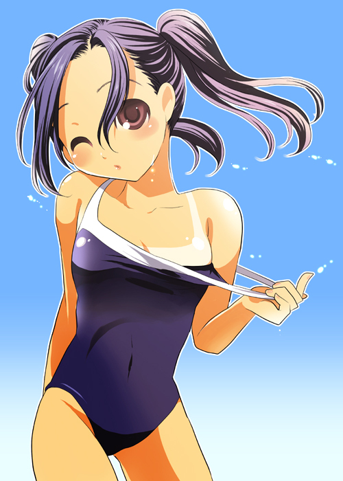 1girl, ;o, aikawa_ruru, blue_background, brown_eyes, competition_school_swimsuit, cowboy_shot, female_focus