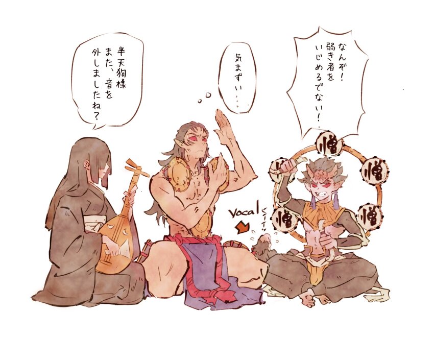 1girl, 3boys, angry, arrow_(symbol), bald, band_(music), barefoot, biwa_lute, black_hair, black_kimono, black_pants, black_sleeves, clenched_teeth, closed_mouth, colored_sclera, commentary_request, covered_eyes, demon_boy, demon_girl, detached_collar, drum, earrings, facial_mark, fangs, fangs_out, fingernails, flipped_hair, flying_sweatdrops, full_body, hair_over_eyes, hands_up, hantengu_(kimetsu_no_yaiba), highres, holding, holding_instrument, holding_plectrum, holding_weapon, horns, indian_style, instrument, japanese_clothes, jewelry, kimetsu_no_yaiba, kimono, komedawara0130, kyougai_(kimetsu_no_yaiba), loincloth, long_sleeves, lute_(instrument), mini_person, miniboy, multiple_boys, nakime_(kimetsu_no_yaiba), oni_horns, pants, plectrum, pointy_ears, red_sclera, seiza, sharp_fingernails, short_hair, shrug_(clothing), sidelocks, simple_background, sitting, speech_bubble, spiked_hair, tassel, tassel_earrings, teeth, thought_bubble, toned, toned_male, topless_female, topless_male, translation_request, weapon, white_background, wide_sleeves, zohakuten_(kimetsu_no_yaiba)