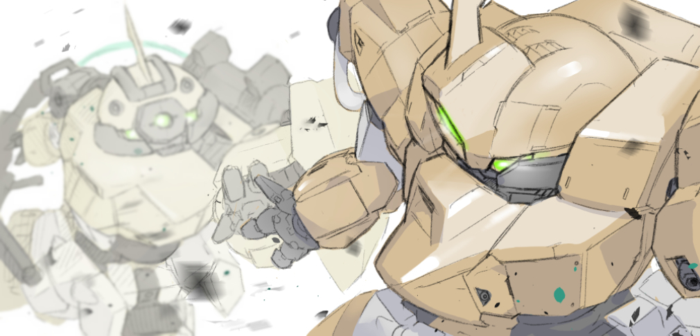 chuchu's_demi_trainer, debris, demi_barding, gundam, gundam_suisei_no_majo, looking_back, mecha, motion_blur