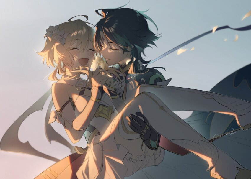 1boy, 1girl, akasaki_aimu, armor, artist_name, bare_shoulders, black_gloves, black_hair