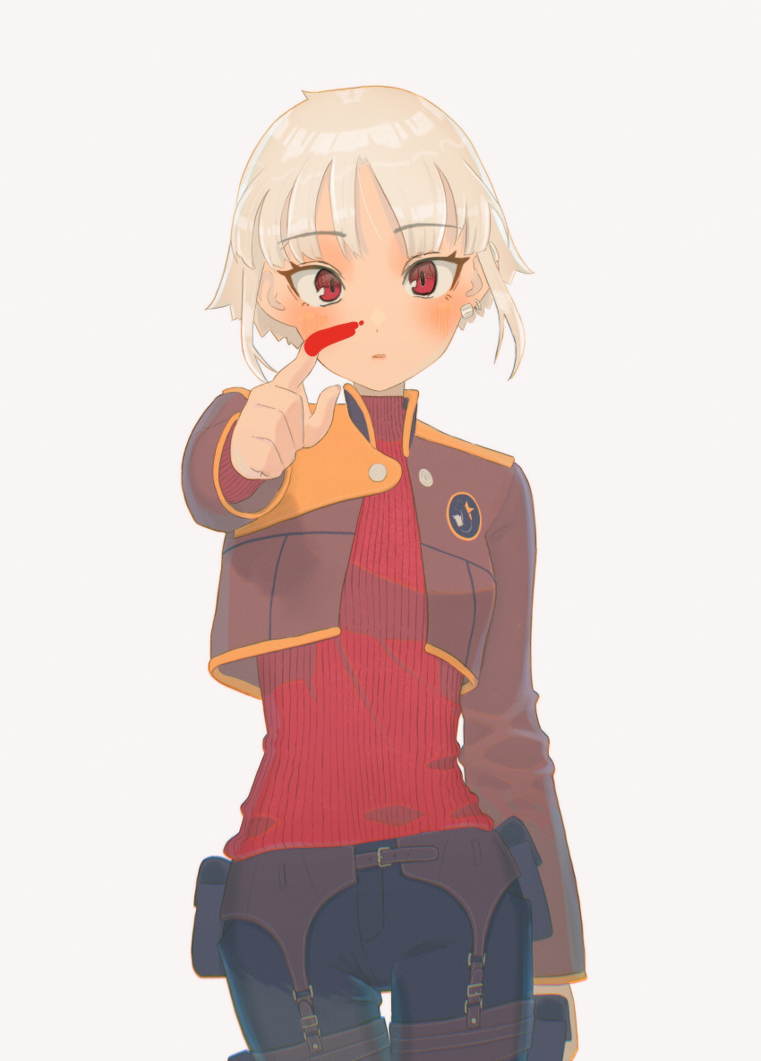 1girl, absurdres, black_pants, blush, brown_jacket, cropped_jacket, earclip, earrings