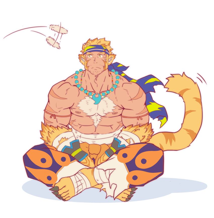 1boy, abs, animal_ears, animal_feet, another_eidos-r, bara, blonde_hair, blue_headband, body_fur, cat_teaser, chest_hair, crossed_legs, full_body, headband, highres, jewelry, kagemaru_(kagemaru321), large_pectorals, long_sideburns, looking_up, magatama, magatama_necklace, male_focus, midriff_sarashi, motion_blur, motion_lines, muscular, muscular_male, necklace, nipples, pectorals, pugi_(another_eidos), sarashi, short_hair, sideburns, sitting, solo, stomach, tail, tail_wagging, thick_eyebrows, tiger_boy, tiger_ears, tiger_tail, topless_male