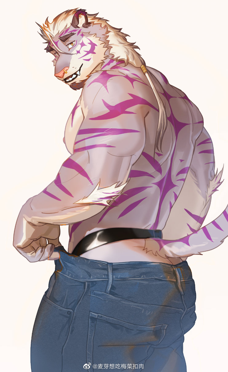 1boy, animal_ears, bara, butt_crack, clothes_pull, come_hither, denim, diamond_(shape)