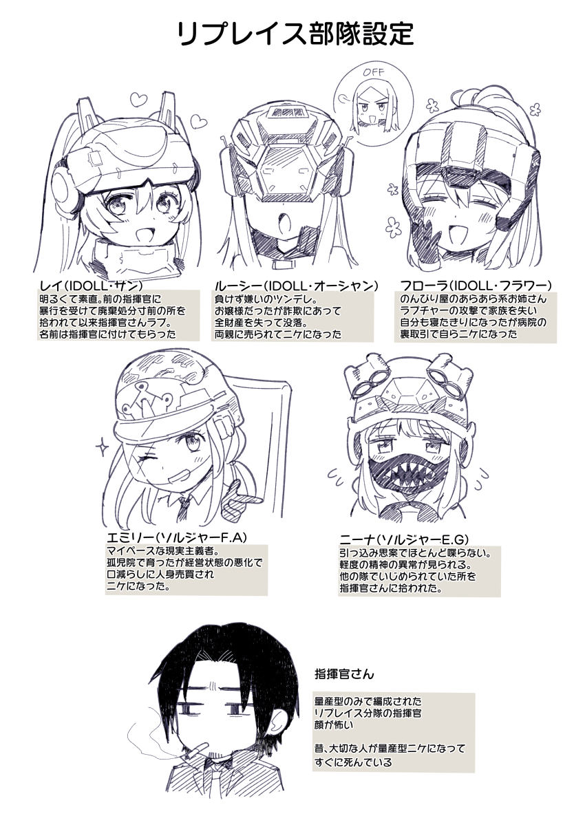 1boy, 5girls, absurdres, ame_arare, armor, character_name, cigarette, closed_eyes