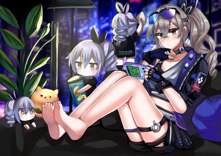 3girls, bare_legs, barefoot, black_choker, blue_sealad, chibi, choker, commentary