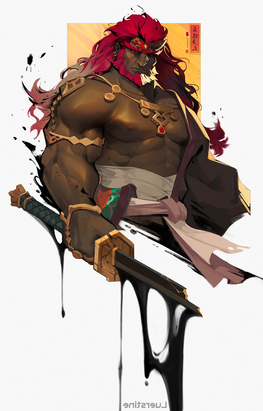 1boy, abs, armlet, bara, bare_pectorals, beard, broken, broken_sword
