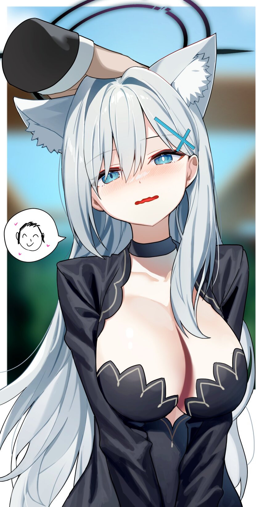 1boy, 1girl, absurdres, animal_ear_fluff, animal_ears, black_choker, black_dress, black_halo