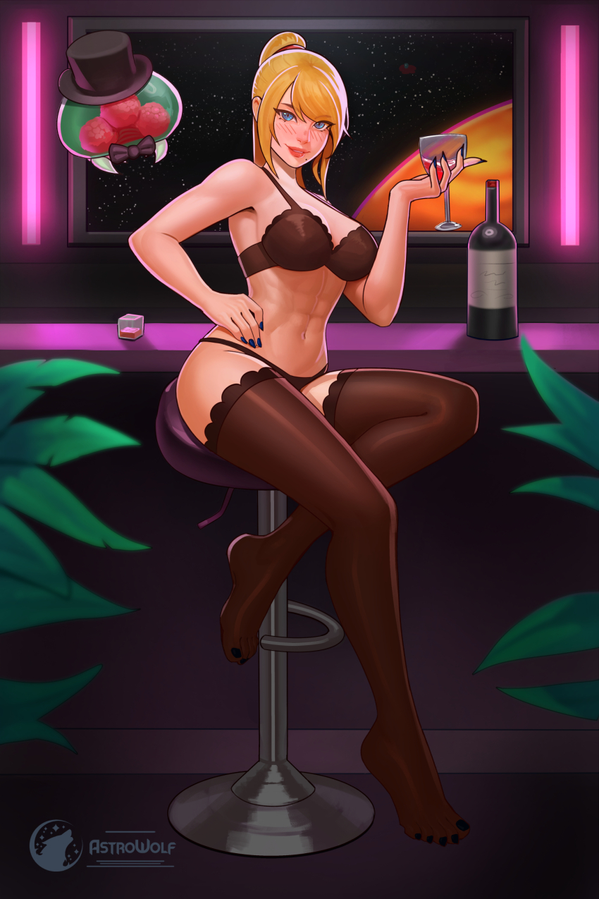 1girl, abs, artist_logo, astrowolf, bare_arms, bare_shoulders, black_nails, blonde_hair