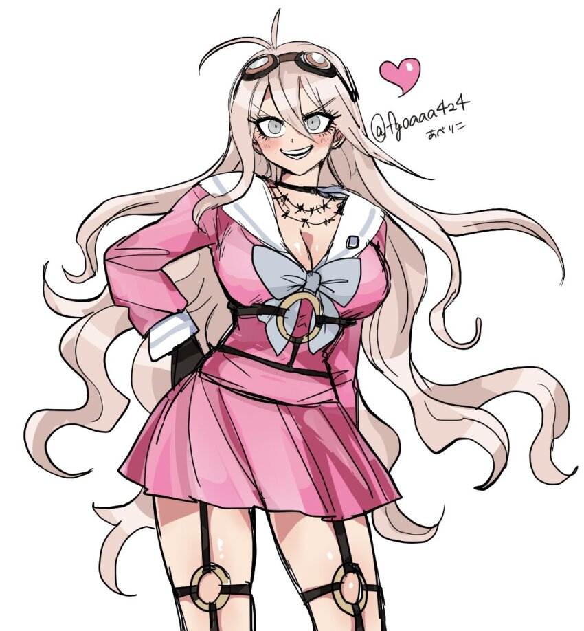 1girl, :d, abe_riko, antenna_hair, artist_name, barbed_wire, black_choker, blonde_hair