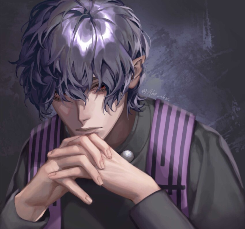 1boy, akr_noze, beelzebub_(shuumatsu_no_valkyrie), black_eyes, black_hair, chair, fingernails, hair_over_one_eye