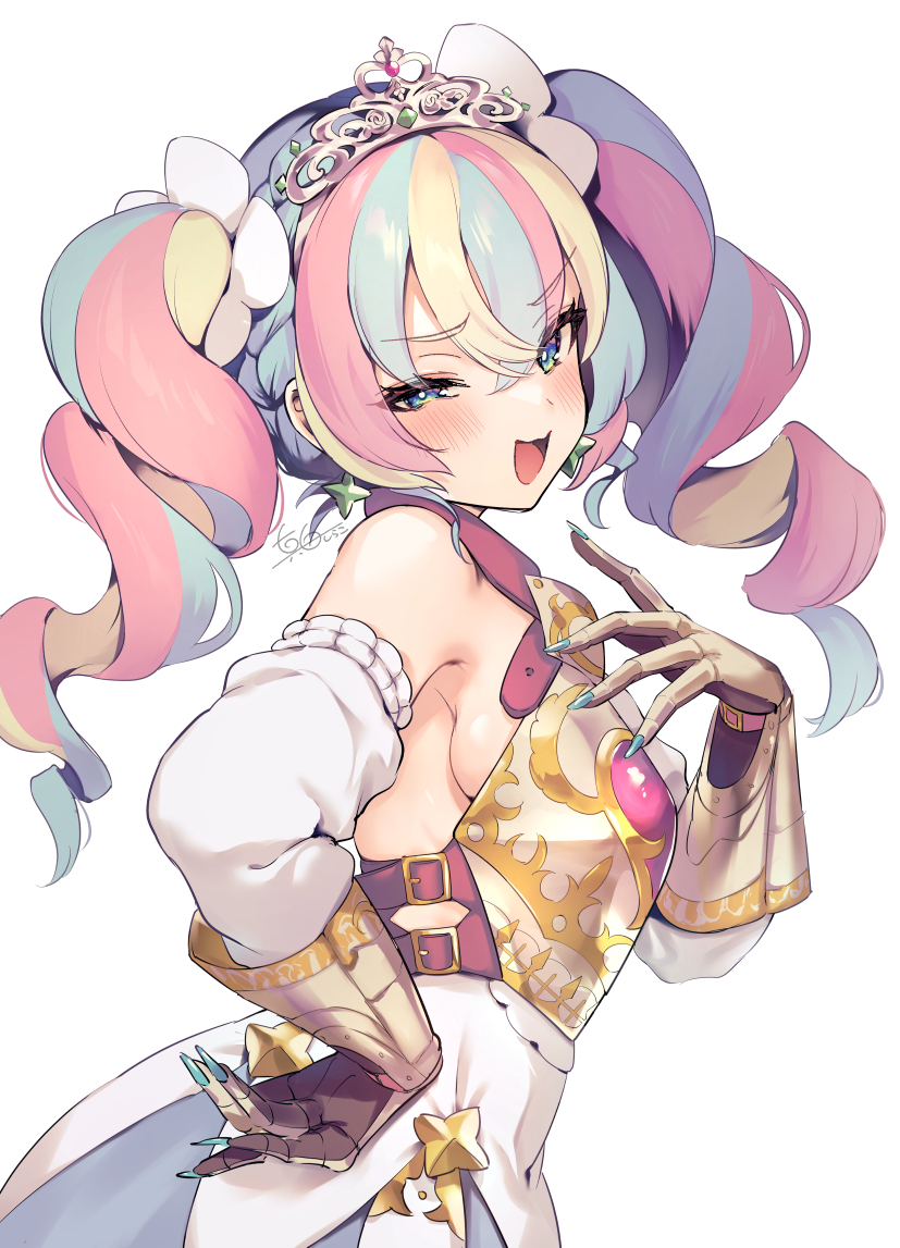 1girl, :3, armor, armored_dress, blonde_hair, blue_eyes, blue_hair, blush, breasts, buckle, calm_mashiro, detached_sleeves, dress, drill_hair, earrings, etrian_odyssey, fingernails, gauntlets, hair_ornament, hair_scrunchie, hand_on_own_hip, jewelry, looking_at_viewer, mesugaki, multicolored_hair, open_mouth, pastel_colors, pink_hair, princess_(sekaiju), princess_5_(sekaiju), scrunchie, sekaiju_no_meikyuu, sekaiju_no_meikyuu_hd, sideboob, simple_background, sleeveless, sleeveless_dress, small_breasts, smile, smug, solo, sovereign_(sekaiju), sovereign_5_(sekaiju), tiara, twin_drills, twintails, upper_body, white_background