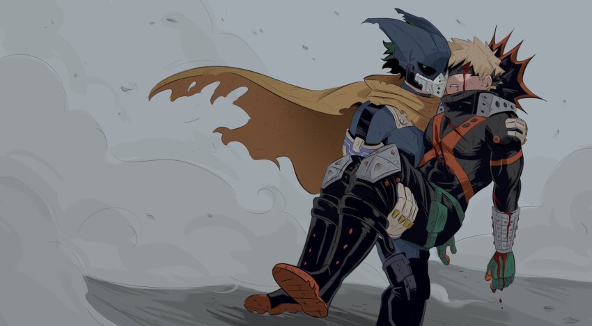 2boys, bakugou_katsuki, black_bodysuit, blonde_hair, blood, blood_drip, blood_on_face, bodysuit