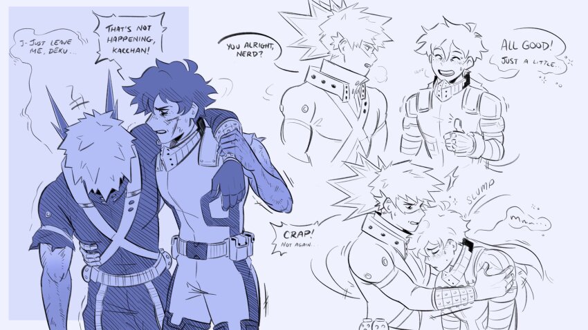 2boys, arm_around_shoulder, bakugou_katsuki, bodysuit, boku_no_hero_academia, closed_eyes, comic, commentary