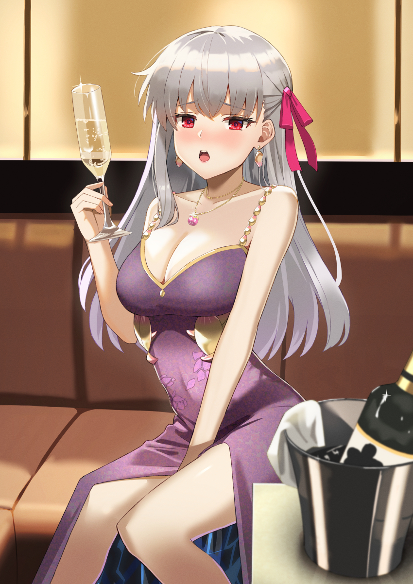 1girl, absurdres, alcohol, breasts, champagne, champagne_bottle, champagne_flute, cleavage