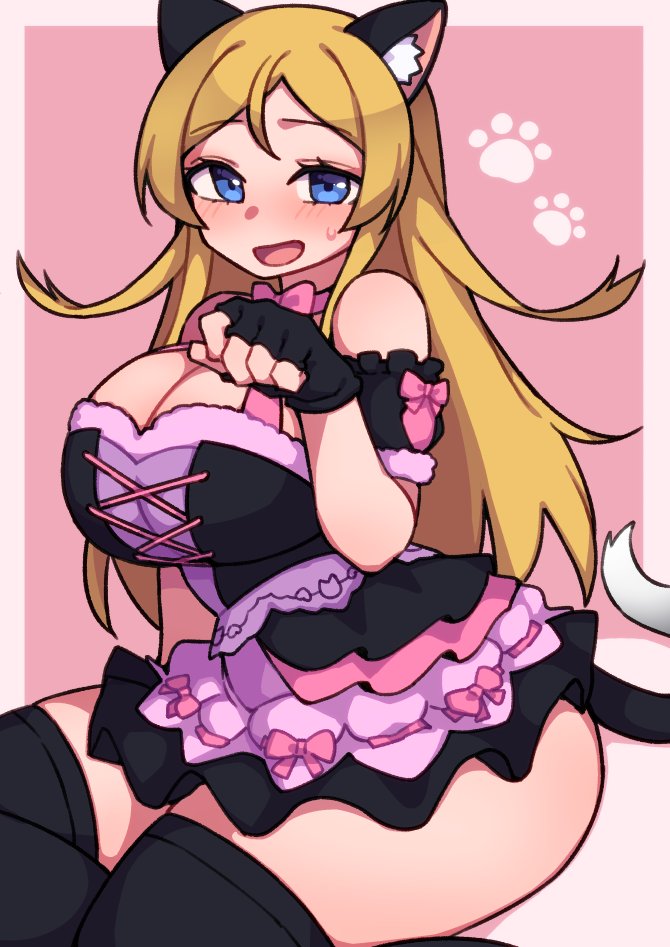 1girl, animal_ears, black_thighhighs, blonde_hair, blue_eyes, breasts, cat_ears, cat_tail, cleavage, dress, idolmaster, idolmaster_million_live!, idolmaster_million_live!_theater_days, kwaejina, large_breasts, long_hair, nyannyan_cat's_eye_(idolmaster), open_mouth, original, paw_pose, shinomiya_karen, sitting, solo, sweatdrop, tail, thighhighs