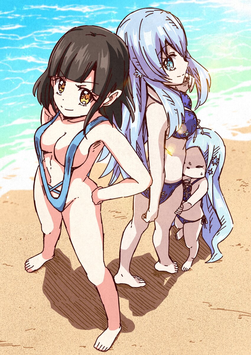 3girls, absurdres, animal_nose, beach, bikini, black_hair, blue_bikini, blue_eyes