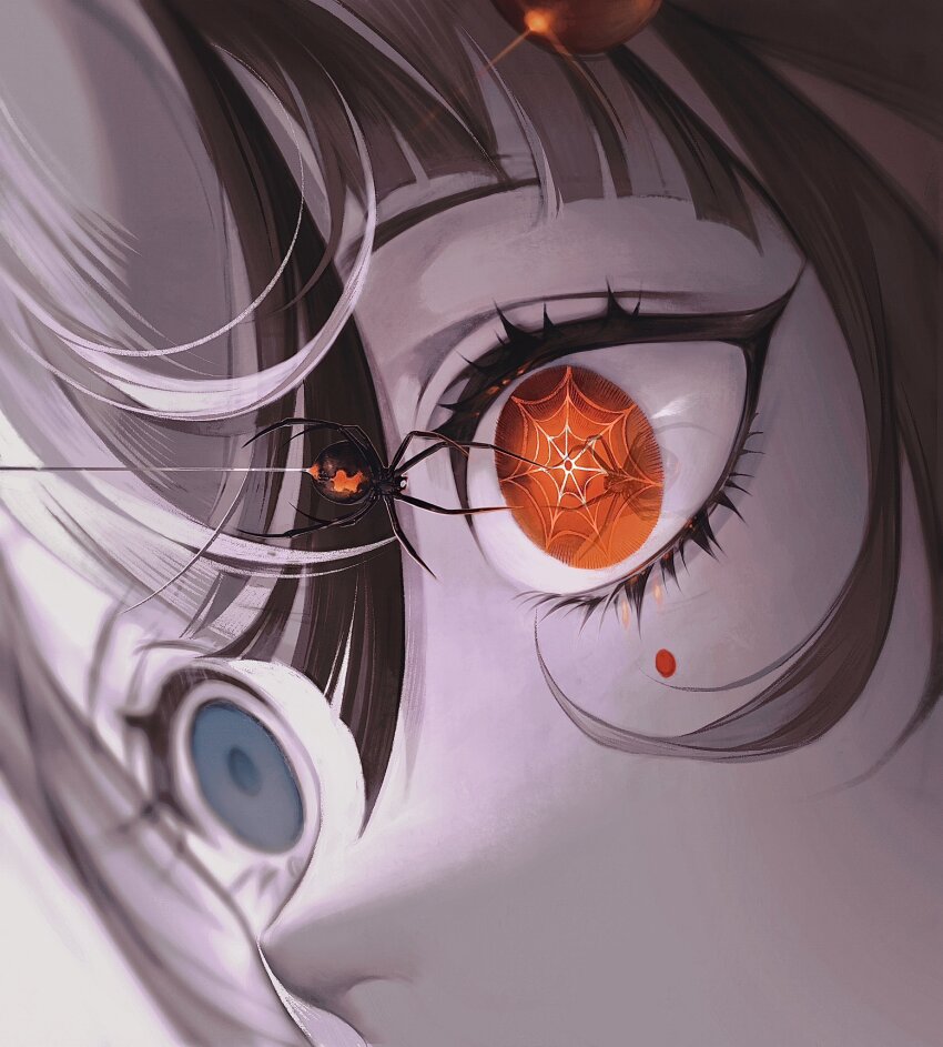 1girl, black_hair, blue_eyes, bug, close-up, eye_reflection, eyelashes, fate/grand_order