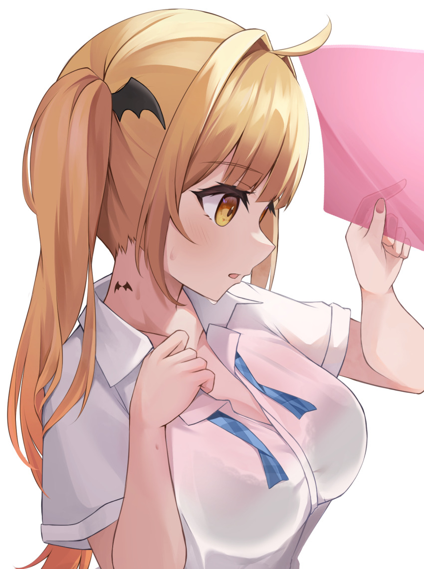 1girl, ahoge, alternate_costume, bat_hair_ornament, blonde_hair, blunt_bangs, bow, bowtie