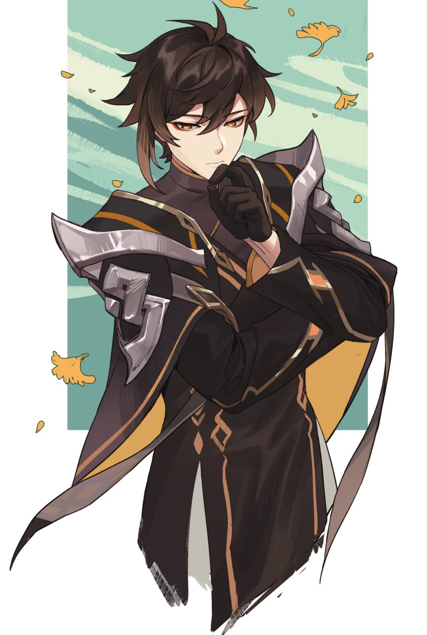 1boy, absurdres, antenna_hair, armor, black_gloves, black_jacket, blue_background, border