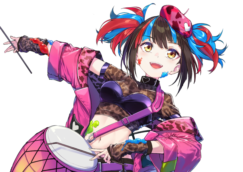 1girl, animal_print, belt, beret, black_bra, black_hair, black_shorts, blue_hair, blush, bra, breasts, brown_shirt, coffeekite, collar, cropped_shirt, fate/grand_order, fate_(series), fishnet_thighhighs, fishnets, hat, jacket, large_breasts, leopard_print, long_hair, looking_at_viewer, multicolored_hair, off_shoulder, pink_hat, pink_jacket, red_hair, sei_shounagon_(event_portrait)_(fate), sei_shounagon_(fate), shirt, short_sleeves, shorts, smile, solo, thighhighs, twintails, underwear, white_background, yellow_eyes