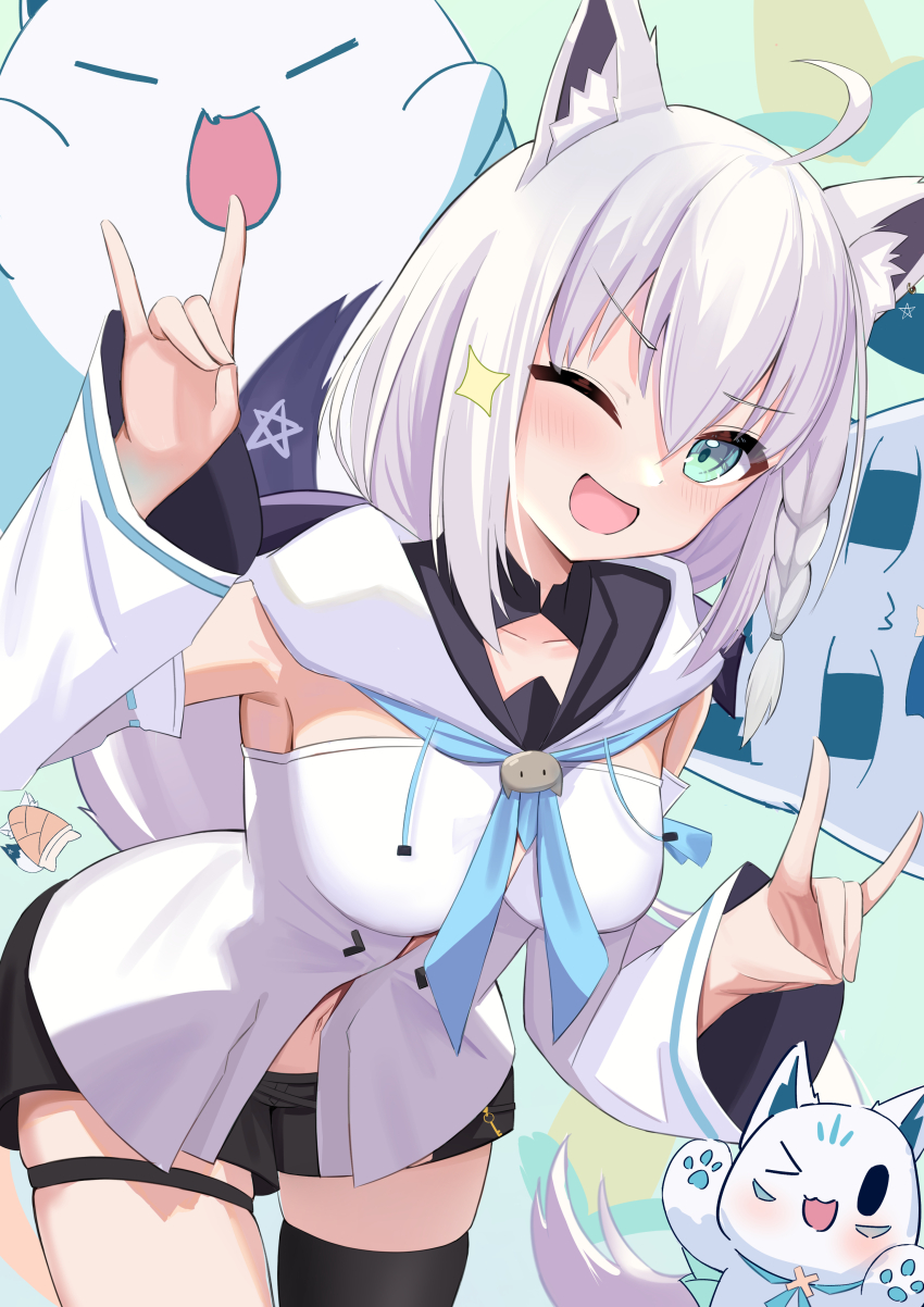 1girl, absurdres, ahoge, animal_ear_fluff, animal_ears, armpits, black_shorts, black_thighhighs