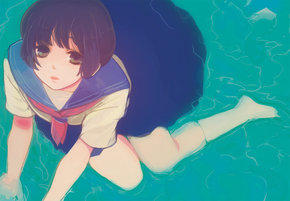 1boy, axis_powers_hetalia, bad_id, bad_pixiv_id, black_hair, brown_eyes, crossdressing, crossdressing_(mtf), from_above, japan_(hetalia), lips, male_focus, no_shoes, sarasara, school_uniform, serafuku, short_hair, sitting, socks, solo, trap, water