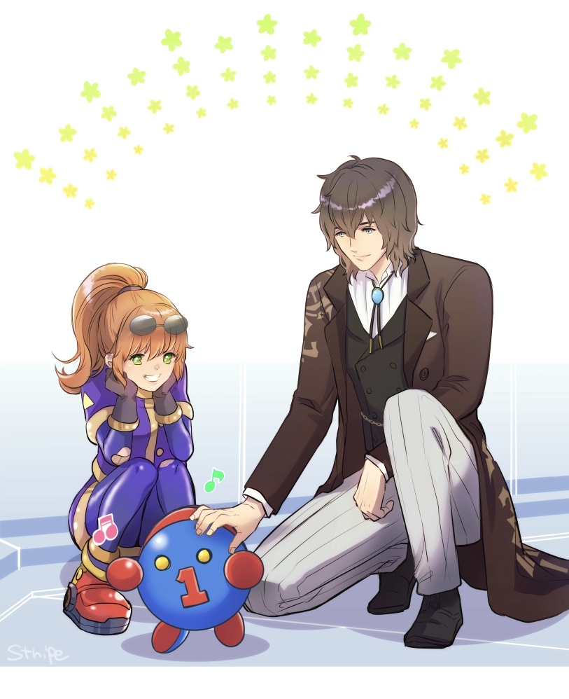 1boy, 1girl, black_hair, brown_hair, closed_mouth, eyewear_on_head, full_body, green_eyes