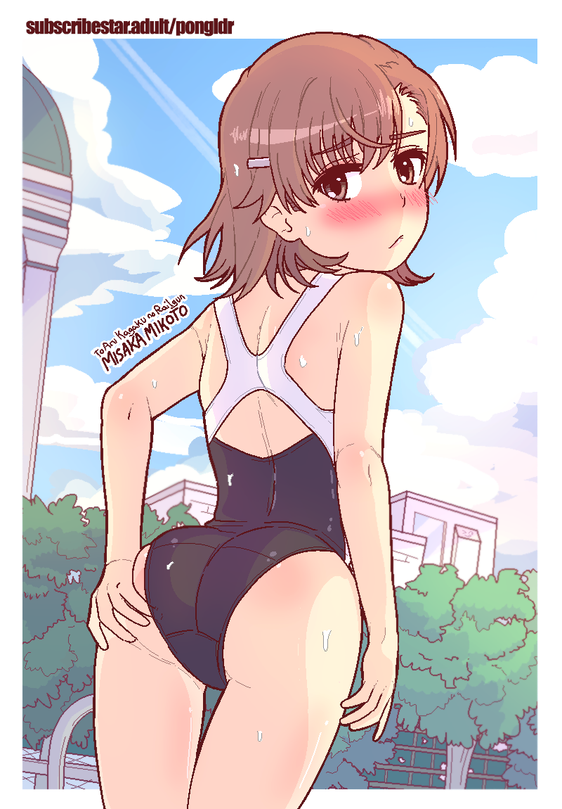 1girl, ass, bare_legs, blue_sky, blush, border, brown_eyes, brown_hair, female_focus, from_behind, hair_ornament, hairclip, looking_at_viewer, looking_back, misaka_mikoto, one-piece_swimsuit, pongldr, school_swimsuit, self-upload, short_hair, simple_background, sky, solo, spread_ass, standing, swimsuit, thighs, toaru_kagaku_no_railgun, toaru_majutsu_no_index, tokiwadai_school_swimsuit, wet, wet_clothes, white_border