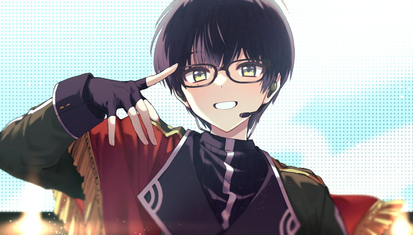 1boy, black-framed_eyewear, black_gloves, black_hair, black_sweater, earpiece, fingerless_gloves, glasses
