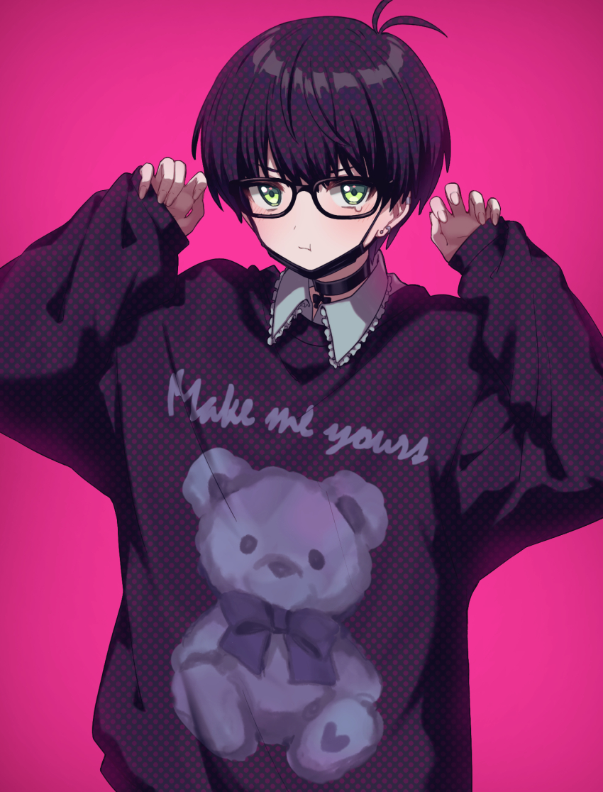 1boy, antenna_hair, black-framed_eyewear, black_choker, black_hair, black_sweater, blush, choker