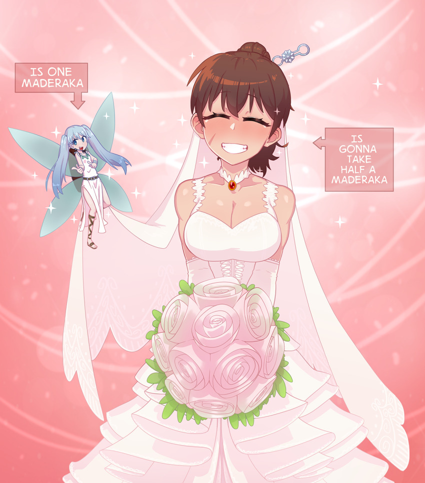2girls, bare_shoulders, benriya_saitou-san_isekai_ni_iku, blue_eyes, blue_hair, bouquet, breasts, brown_hair, cleavage, closed_eyes, collarbone, cowboy_shot, dress, elbow_gloves, facial_scar, fairy, fairy_wings, flower, frilled_dress, frills, full_body, gloves, gradient_background, grin, highres, lafanpan, long_hair, medium_breasts, medium_hair, multiple_girls, open_mouth, pink_background, ponytail, raelza_(benriya_saitou-san), scar, scar_on_cheek, scar_on_face, smile, sparkle, standing, tenk, twintails, wedding_dress, white_dress, white_gloves, wings