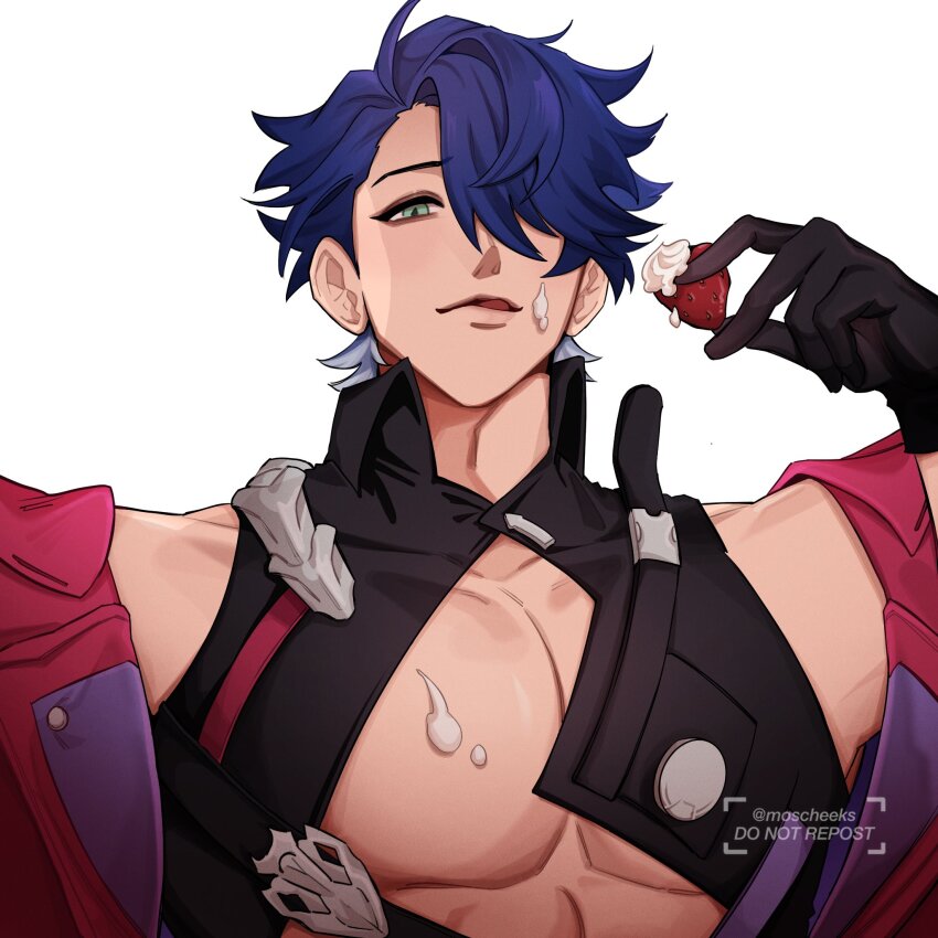 1boy, black_gloves, blue_hair, collarbone, commentary, cream_on_body, cream_on_pectorals, eating