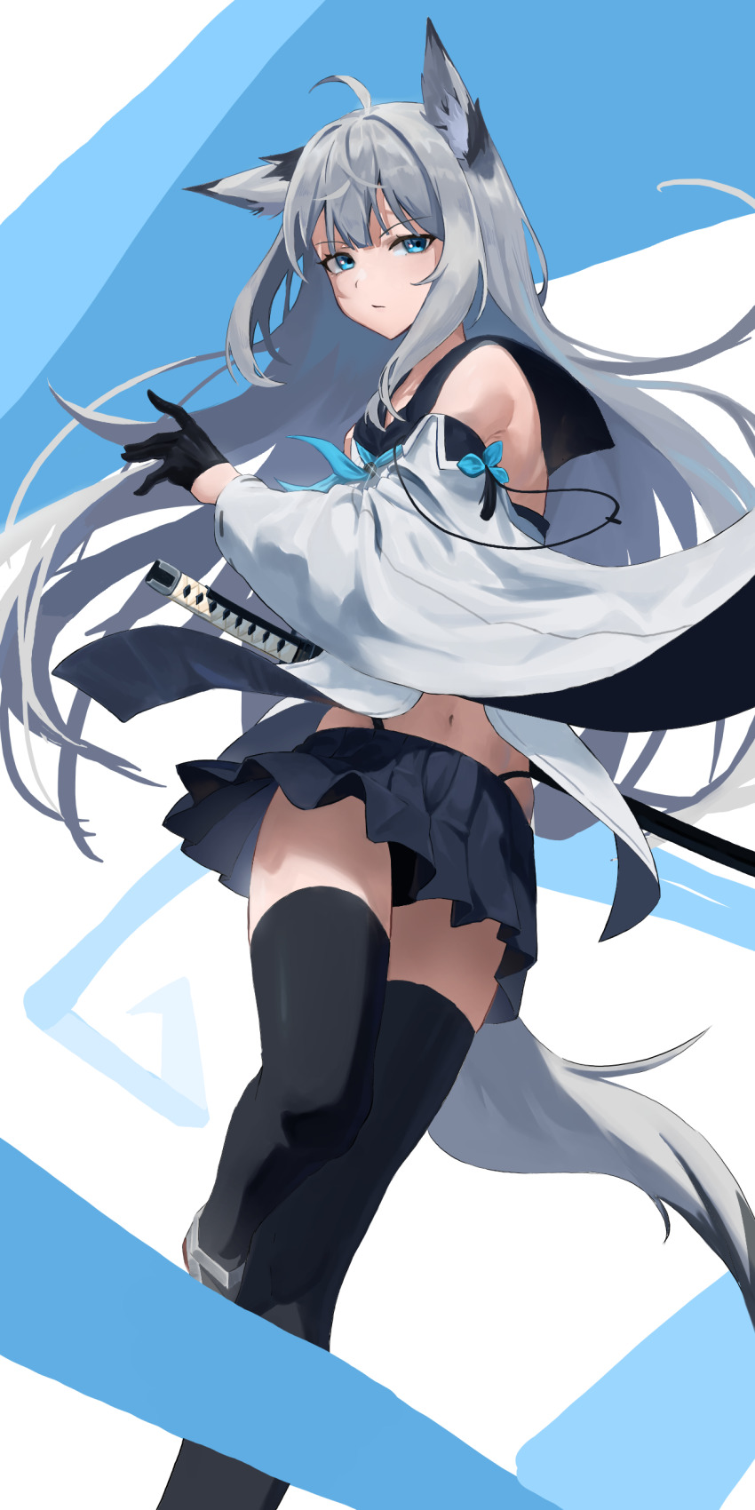 1girl, absurdres, ahoge, animal_ears, azur_lane, black_gloves, black_skirt, black_thighhighs