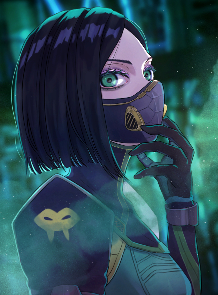 1girl, animification, black_gloves, black_hair, blurry, blurry_background, bodysuit, colored_smoke, eyeshadow, forehead, gloves, green_bodysuit, green_eyes, highres, looking_at_viewer, makeup, mardrom, mask, mouth_mask, purple_eyeshadow, short_hair, smoke, solo, valorant, viper_(valorant)
