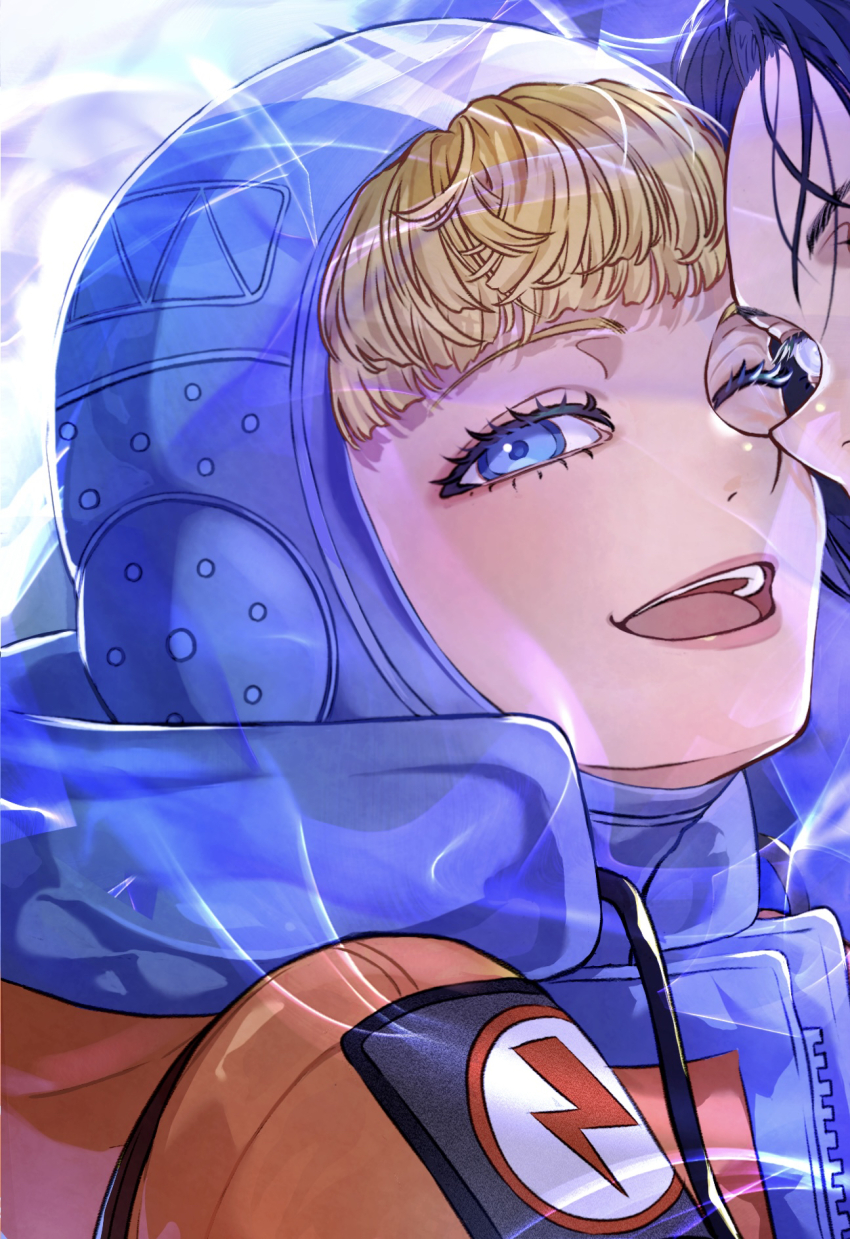 2girls, animification, apex_legends, black_hair, blonde_hair, blue_bodysuit, blue_eyes, blush