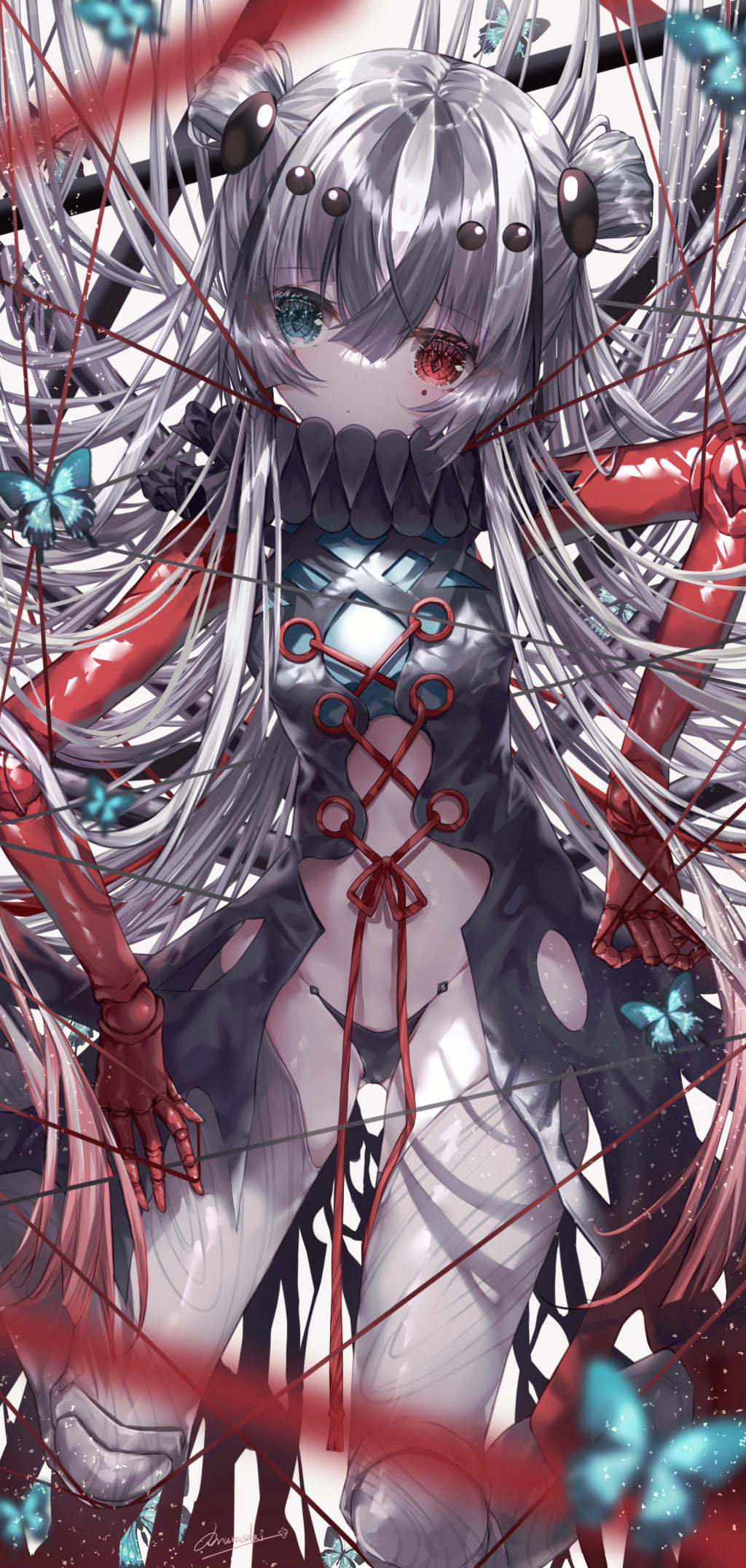 1girl, arthropod_girl, black_panties, blue_butterfly, blue_eyes, blurry, blurry_foreground, blush