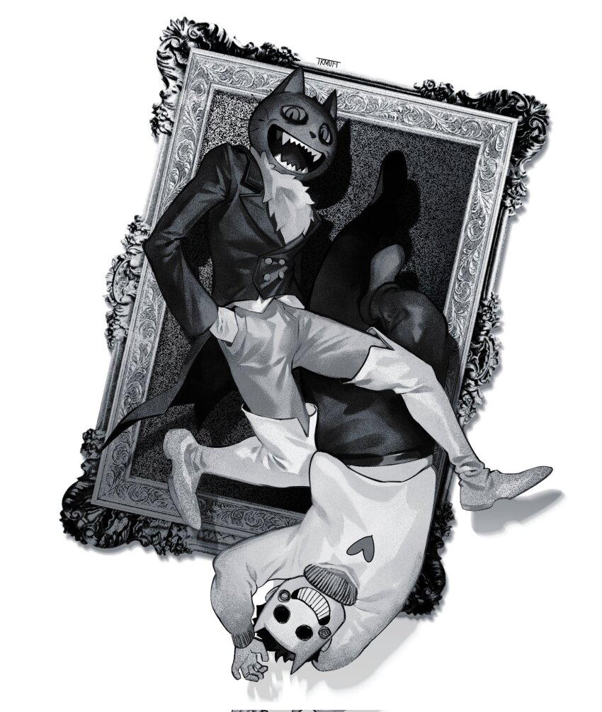 2boys, artist_name, boots, buttons, cat_mask, coat, commentary, crossover