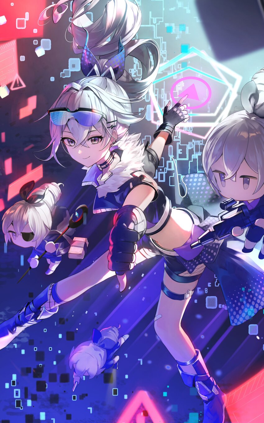 absurdres, black_choker, black_jacket, black_shorts, bow, chibi, choker, drill_hair