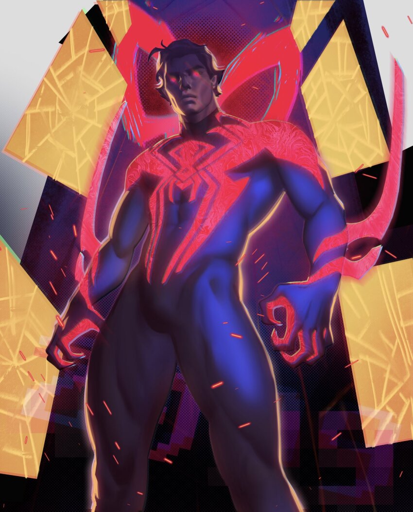 1boy, animal_print, black_hair, blue_bodysuit, bodysuit, closed_mouth, dark-skinned_male, dark_skin, glowing, glowing_eyes, highres, male_focus, marvel, miguel_o'hara, multicolored_bodysuit, muscular, muscular_male, red_bodysuit, red_eyes, short_hair, solo, spider-man:_across_the_spider-verse, spider-man_(2099), spider-man_(series), spider-verse, spider_print, sweetlychii, two-tone_bodysuit