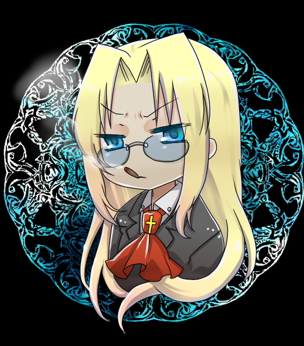 1girl, angry, bad_id, bad_pixiv_id, blonde_hair, blue_eyes, chibi, cigar
