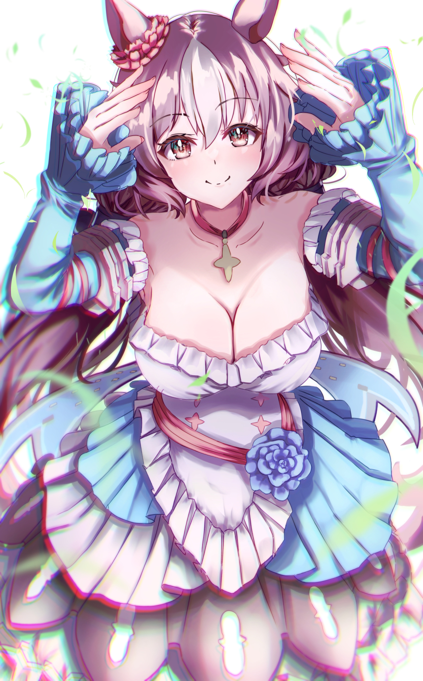 1girl, breasts, brown_eyes, brown_hair, cleavage, collarbone, commentary, detached_sleeves