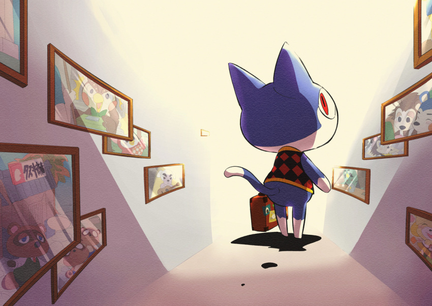 animal_crossing, argyle_clothes, argyle_sweater, blathers_(animal_crossing), blue_fur, brewster_(animal_crossing), cat, celeste_(animal_crossing), furry, hallway, isabelle_(animal_crossing), k.k._slider_(animal_crossing), looking_back, mabel_able_(animal_crossing), nintendo, picture_frame, red_eyes, rover_(animal_crossing), sable_able_(animal_crossing), satojoyu, sleeveless, sleeveless_sweater, solo, sweater, timmy_(animal_crossing), tom_nook_(animal_crossing), tommy_(animal_crossing), walking