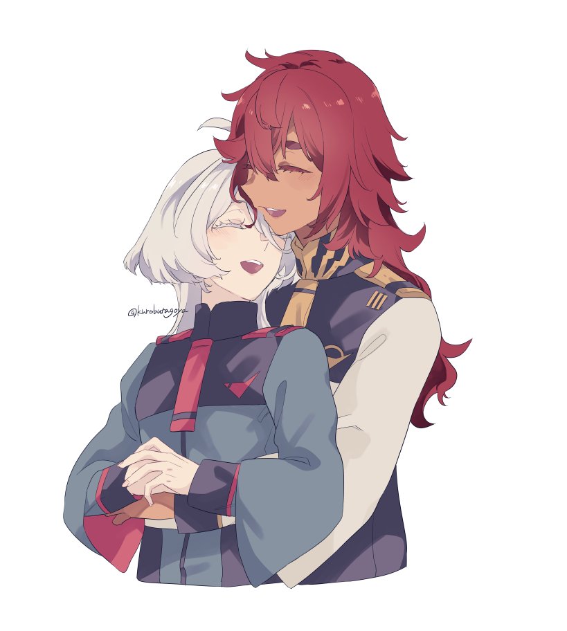 2girls, ahoge, artist_name, asticassia_school_uniform, closed_eyes, gundam, gundam_suisei_no_majo, hair_down