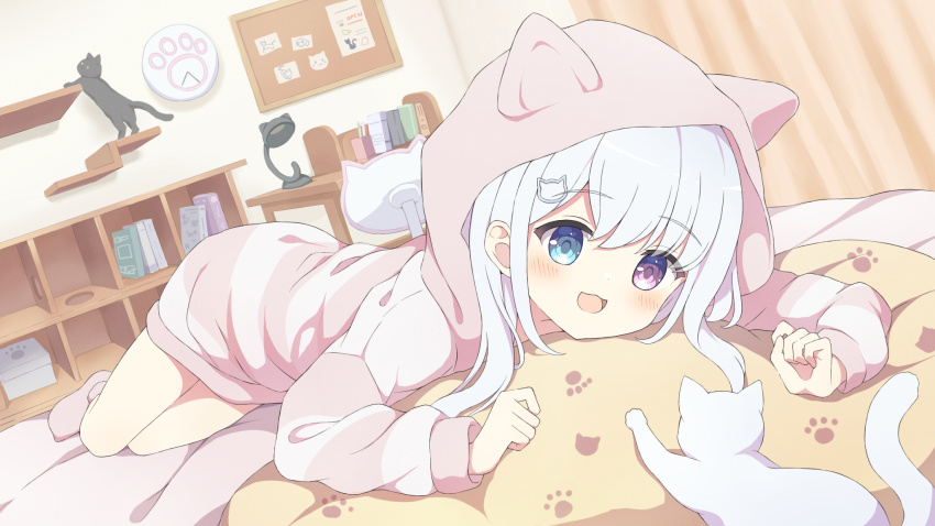 1girl, :d, animal_hood, bedroom, black_cat, blue_eyes, blush, book