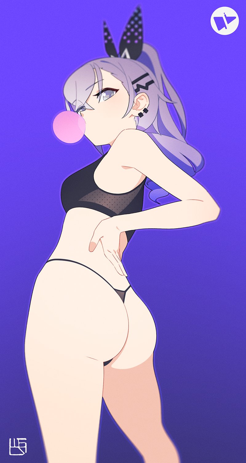 1girl, ass, blowing_bubble_gum, blowing_bubbles, breasts, chewing_gum, crop_top, drill_hair