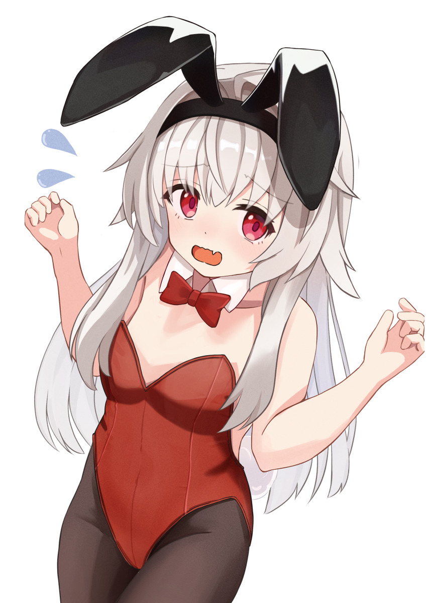 1girl, absurdres, animal_ears, arms_at_sides, breasts, clara_(honkai:_star_rail), collarbone, commentary_request, elumina1213, fake_animal_ears, grey_hair, groin, hair_between_eyes, headband, highres, honkai:_star_rail, honkai_(series), looking_at_viewer, open_mouth, pantyhose, playboy_bunny, red_eyes, ribbon, simple_background, small_breasts, white_background